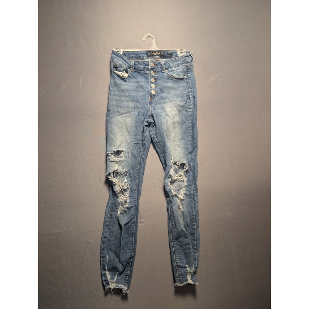 Indigo Rein Women Blue Distressed Frayed Hem Button Fly Curvy Skinny Jeans 7